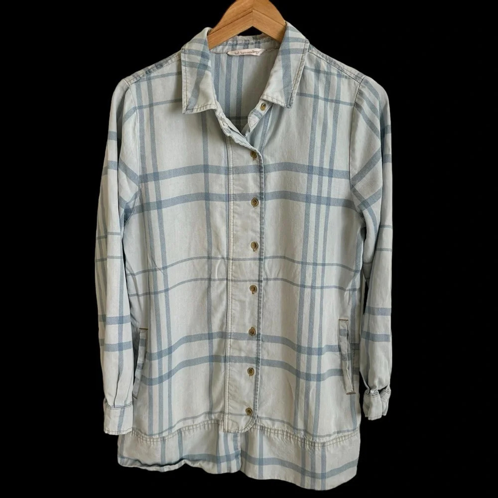 Soft Surroundings size Large Emerson Blue Plaid Button Up Tunic Top Casual
